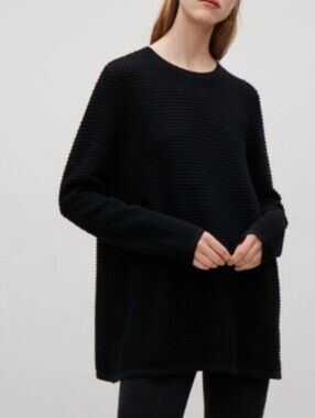 COS Black Textured Bubble Knit Cotton Tunic Sweater Small Longline Crewneck